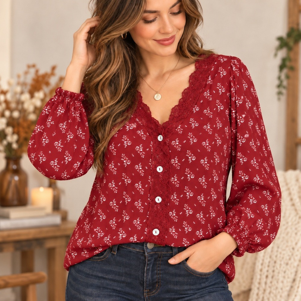 Burgundy Red Floral Lace Button Blouse Sz L Long Sleeve Boho Cottagecore Prairie